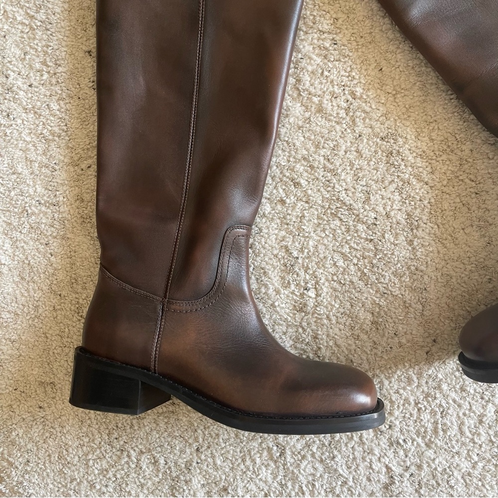 NEW Steve Madden Riggs Banana Boots Leather Knee High Moto Brown Distressed - Picture 5 of 9